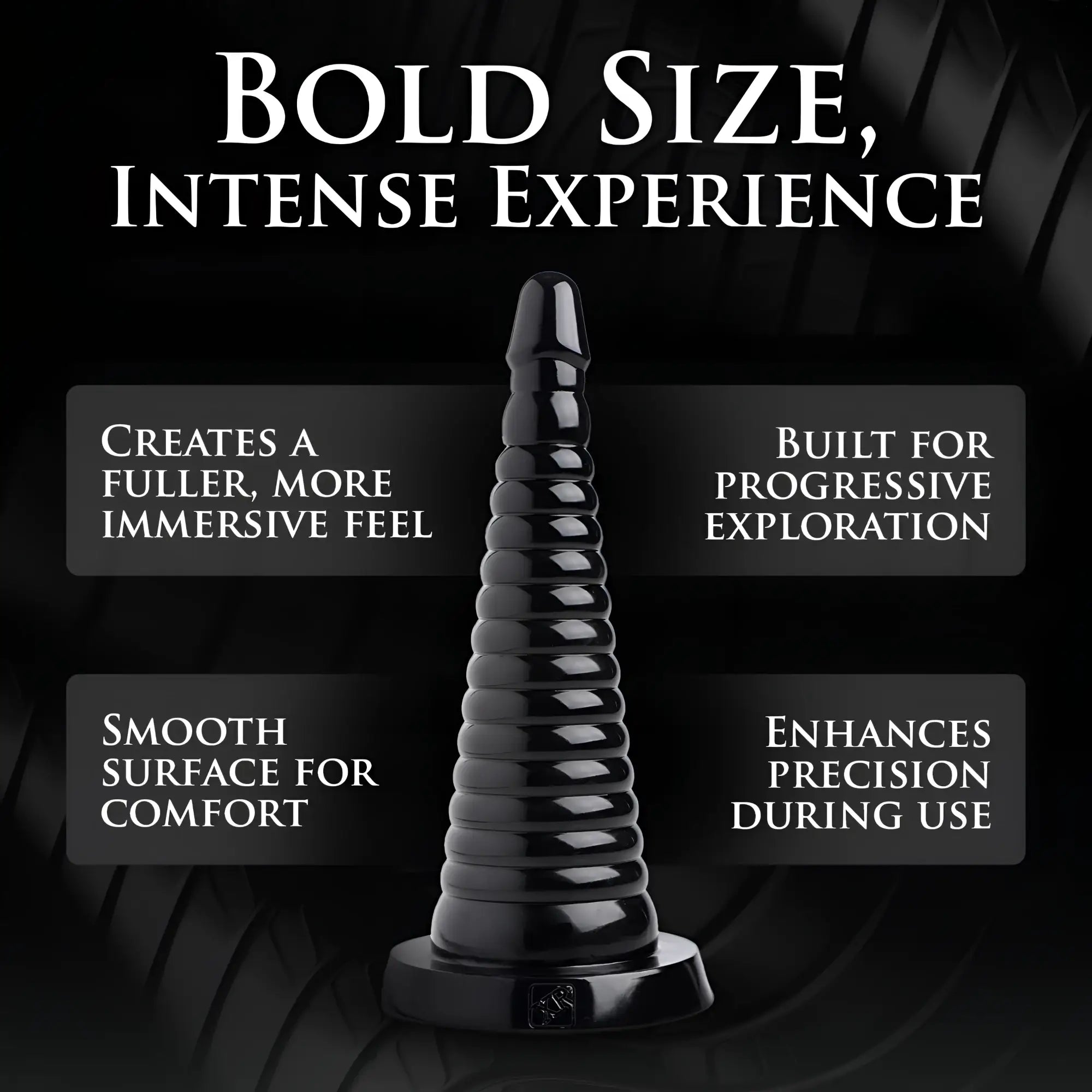 Master Series Giant Ribbed Anal Cone: a sleek, black, conical toy with progressive ridges and a sturdy base.