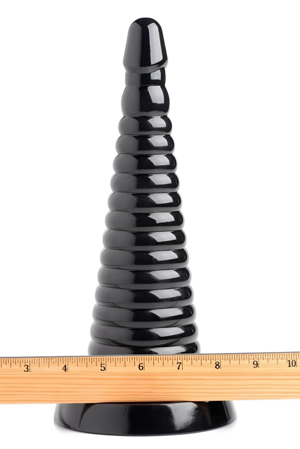 Master Series Giant Ribbed Anal Cone: A tall, glossy black, tapered plug with stacked rings and a wooden ruler for scale.