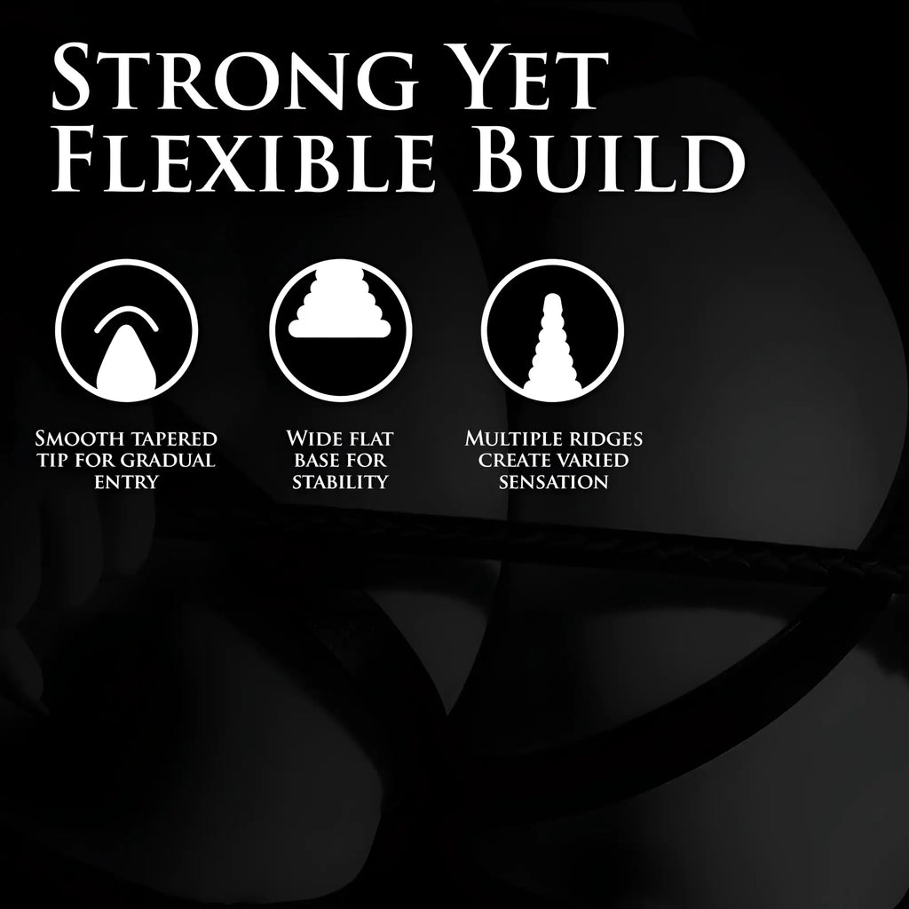 Master Series Giant Ribbed Anal Cone infographic highlighting its tapered tip, flat base, and ribbed design.
