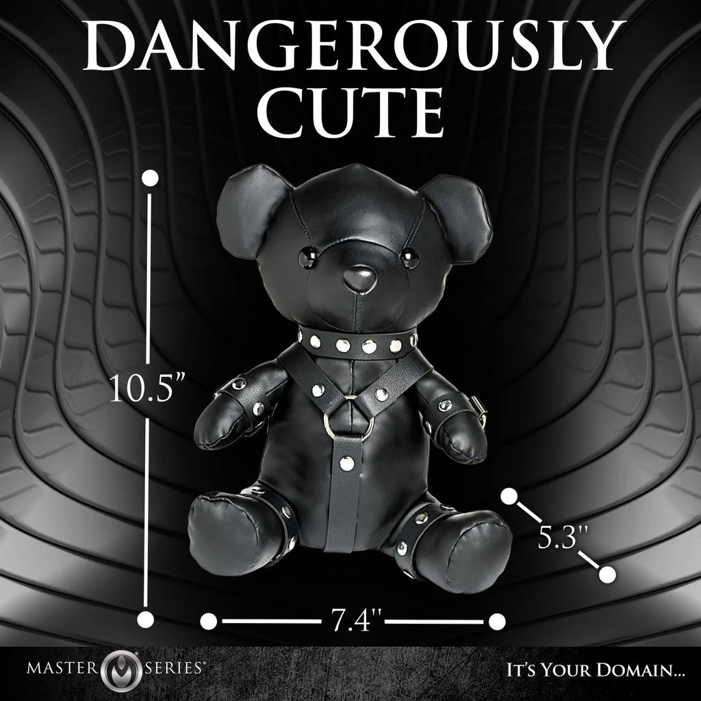 Master Series Gimp Teddy Bear: A black faux-leather bear with a studded collar, chest harness, and arm/leg cuffs.