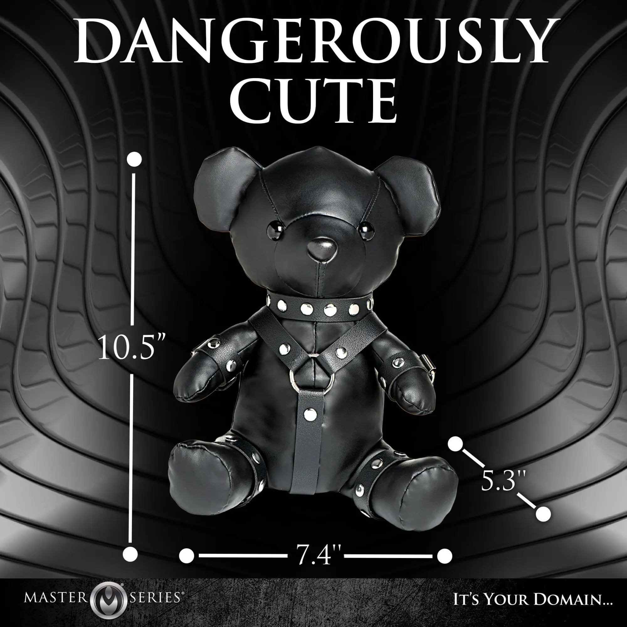 Master Series Gimp Teddy Bear: A black faux-leather bear with a studded collar, chest harness, and arm/leg cuffs.