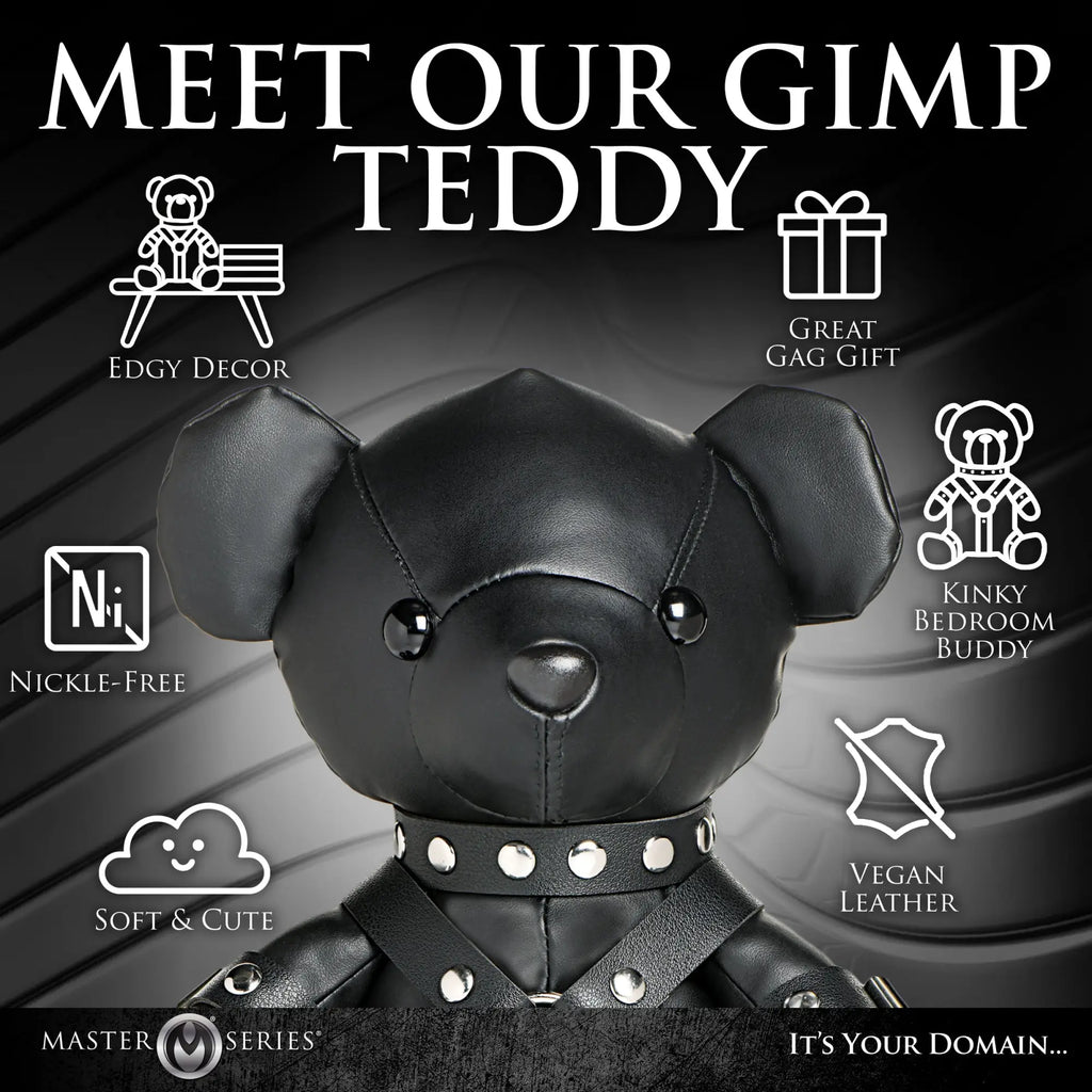 Master Series Gimp Teddy Bear in black vegan leather with a studded collar and harness, set against a dark background.