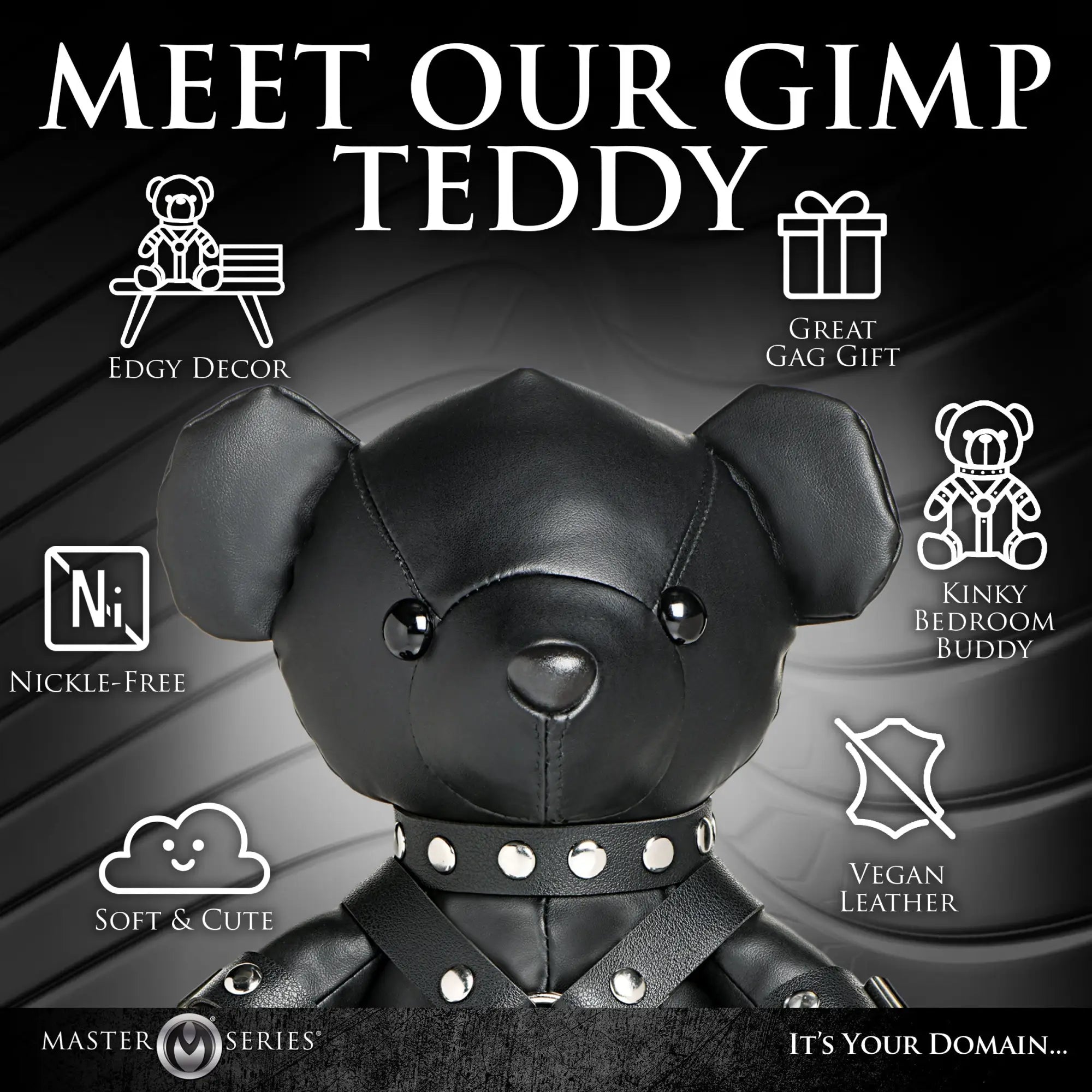 Master Series Gimp Teddy Bear in black vegan leather with a studded collar and harness, set against a dark background.