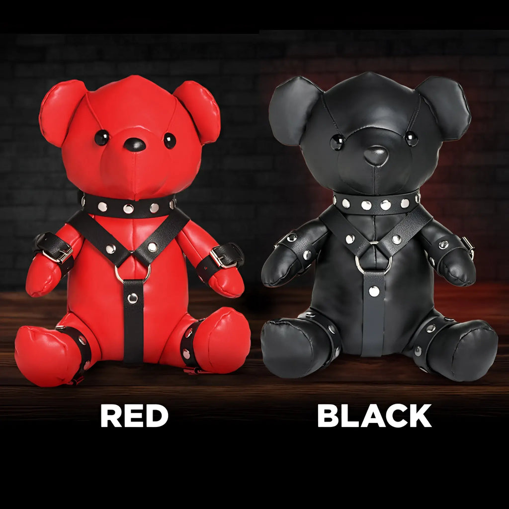 Master Series Gimp Teddy Bears in red and black faux leather, featuring studded collars and body harnesses.
