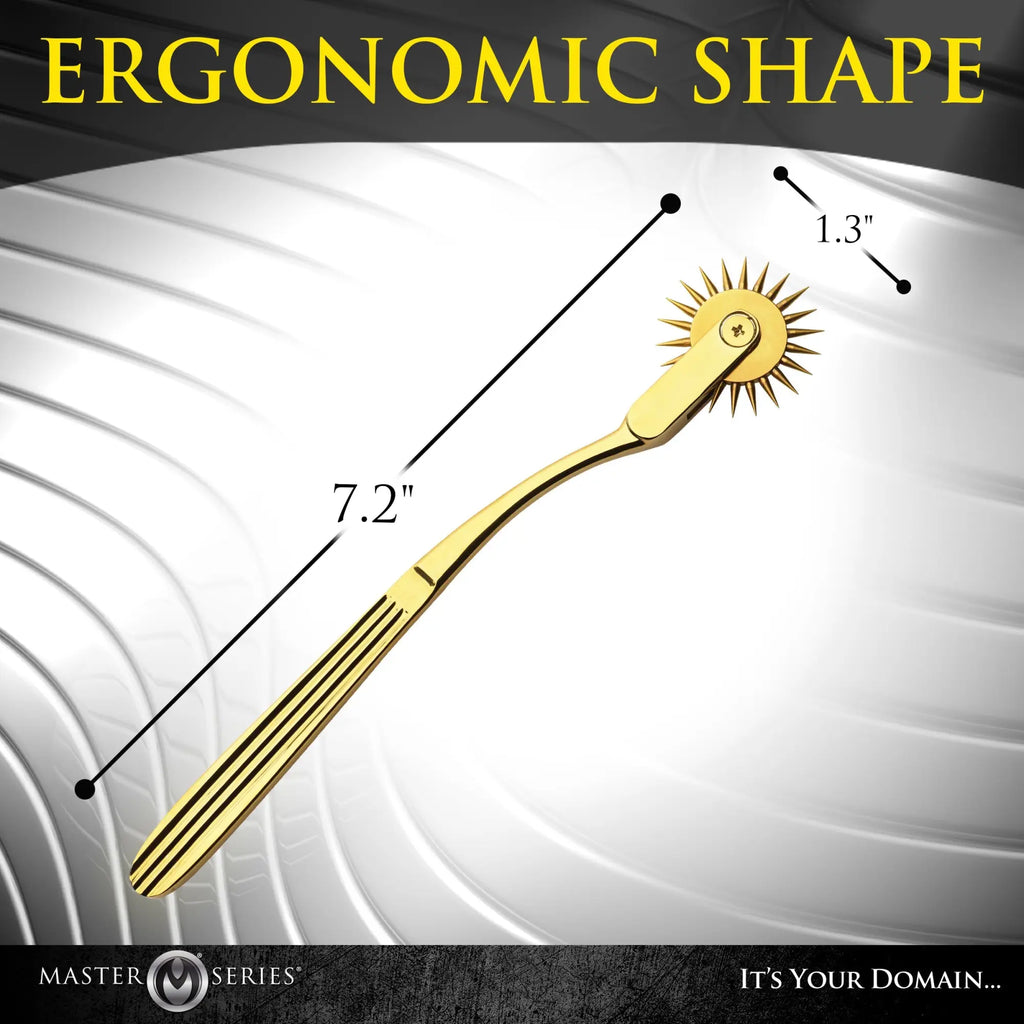 Master Series Gold Sensation Wartenberg Wheel: a gold-colored, ergonomic sensory wheel with dimensions labeled.