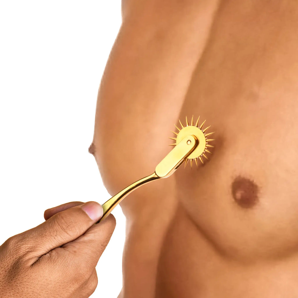 Hand holding a gold Master Series Wartenberg Wheel against a person's chest.