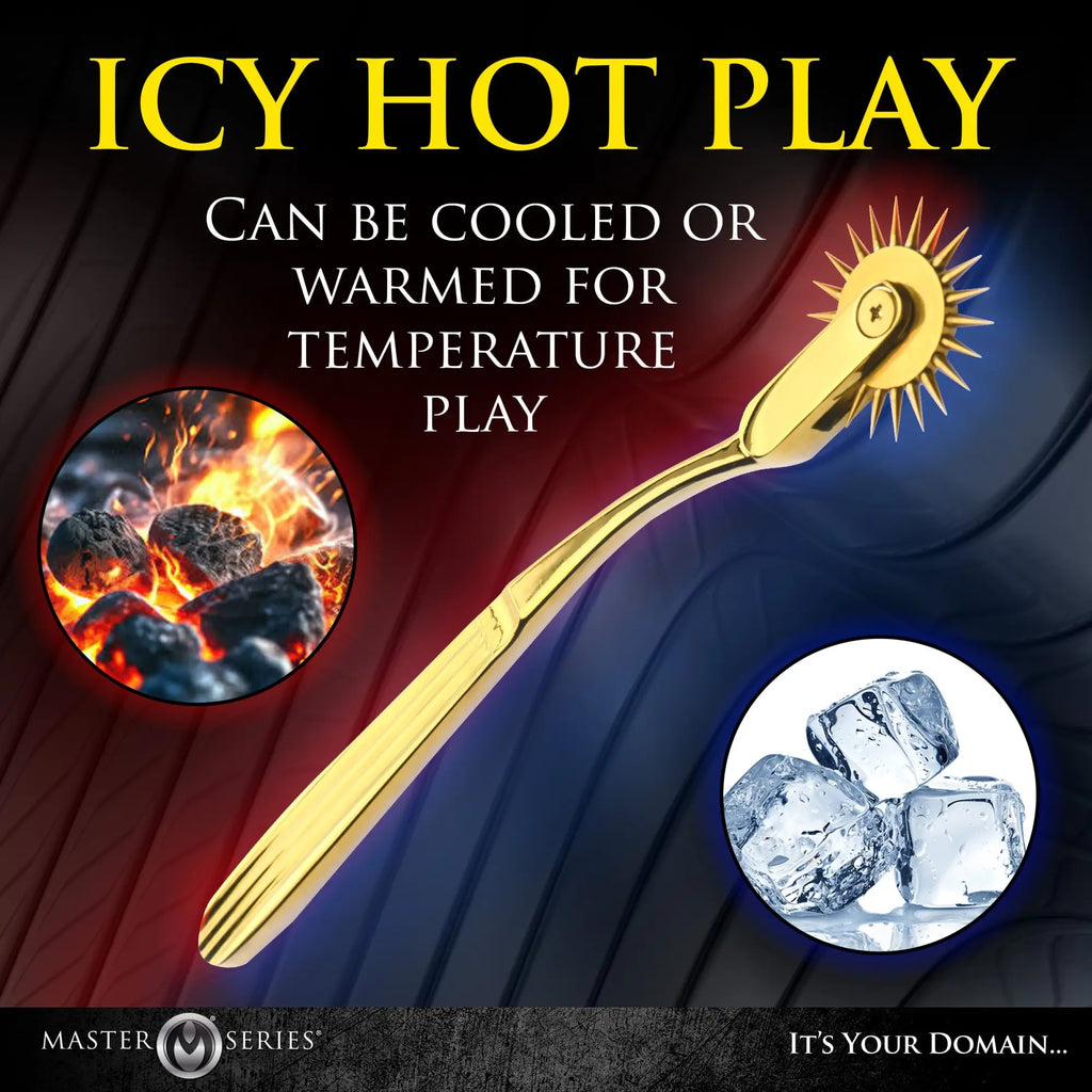 Gold Master Series Wartenberg Wheel with spiked sensory roller, flanked by images of burning coals and ice cubes.