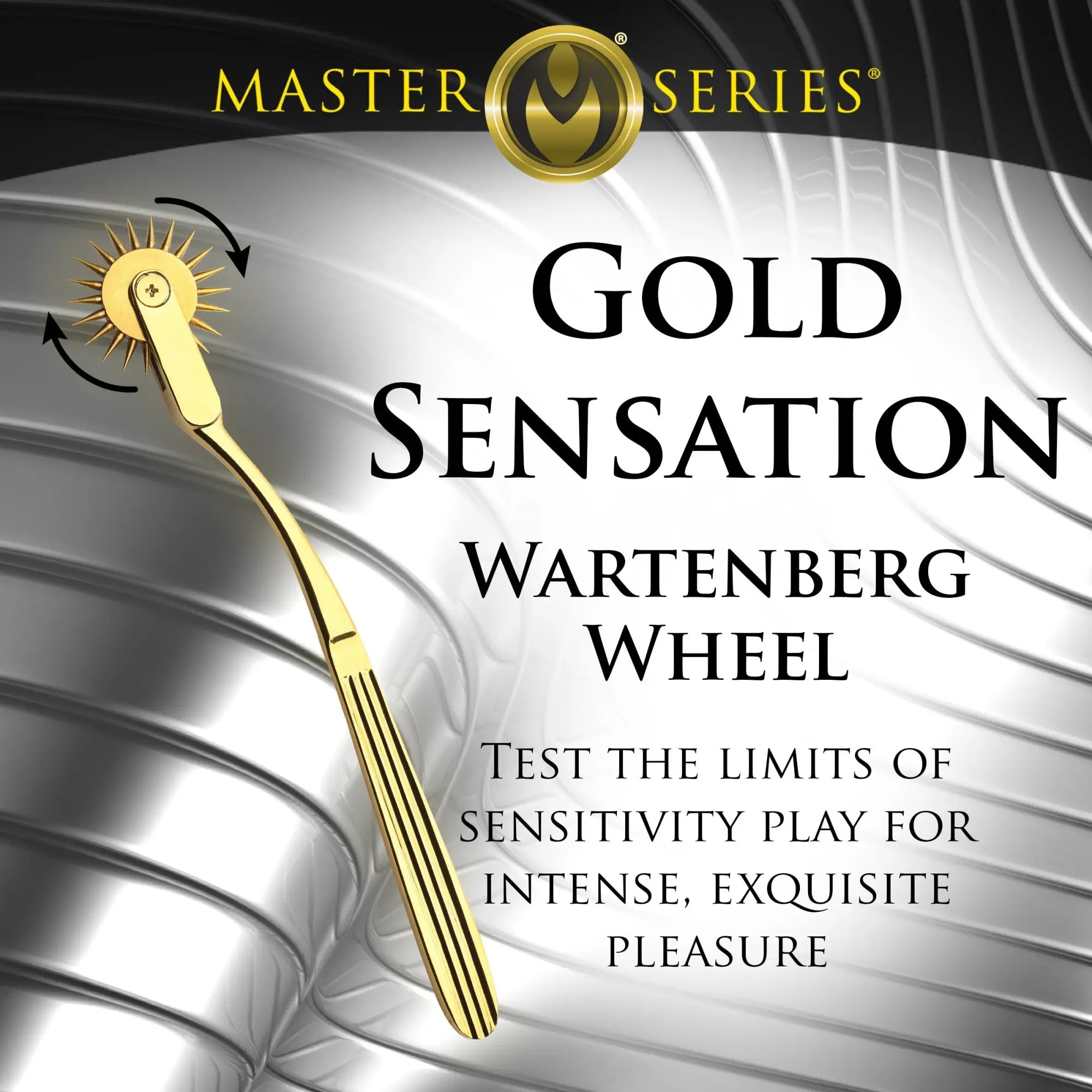 Gold Master Series Wartenberg Wheel with a textured handle on a silver abstract background.