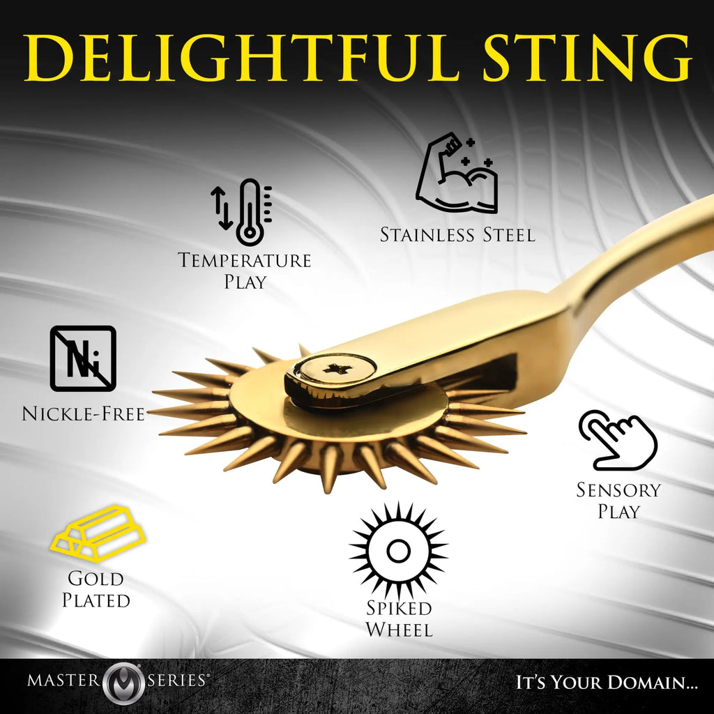 Master Series Gold Sensation Wartenberg Wheel featuring a gold-plated spiked wheel with icons highlighting its features.