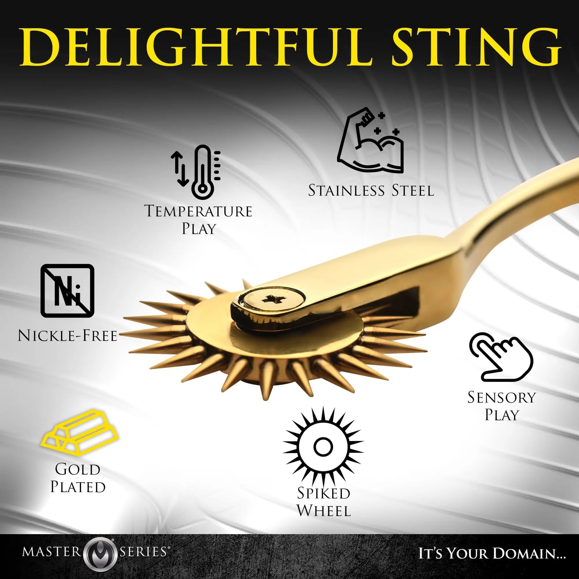 Master Series Gold Sensation Wartenberg Wheel featuring a gold-plated spiked wheel with icons highlighting its features.