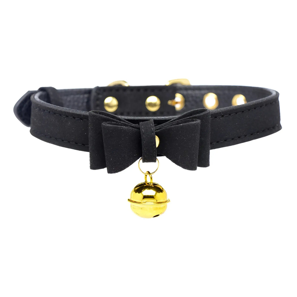 Master Series Golden Kitty Cat Bell Collar in black, featuring a decorative bow and a polished gold jingle bell.