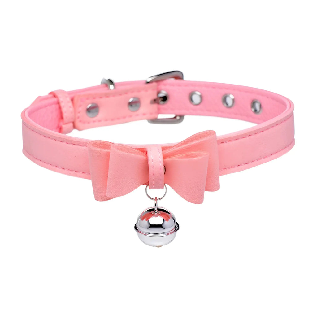 Master Series Golden Kitty Cat Bell Collar in pink leather with a matching bow and a silver jingle bell charm.