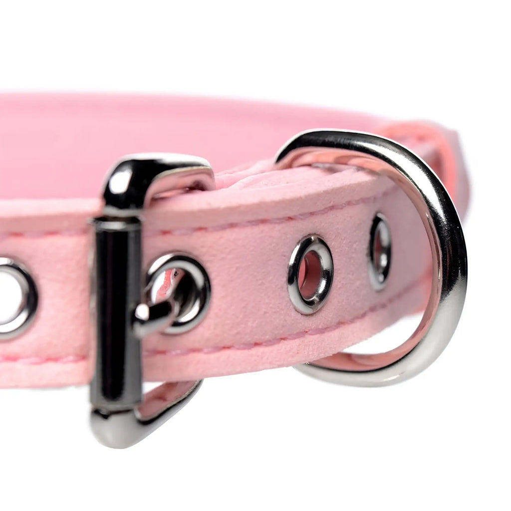 Master Series Golden Kitty Cat Bell Collar in light pink faux leather with polished silver metal buckle and grommets.