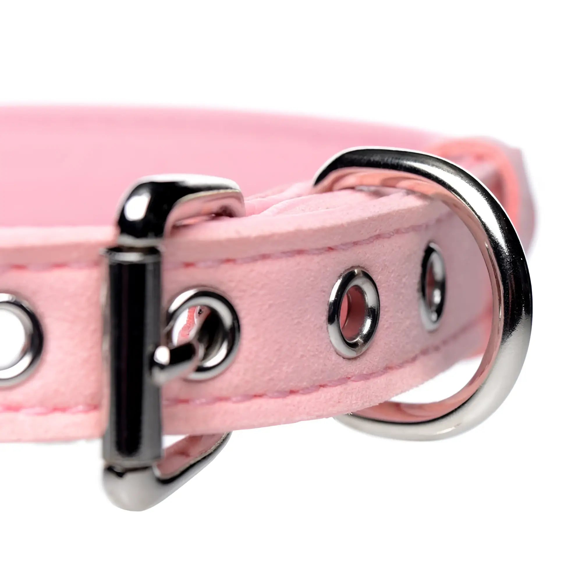 Master Series Golden Kitty Cat Bell Collar in light pink faux leather with polished silver metal buckle and grommets.