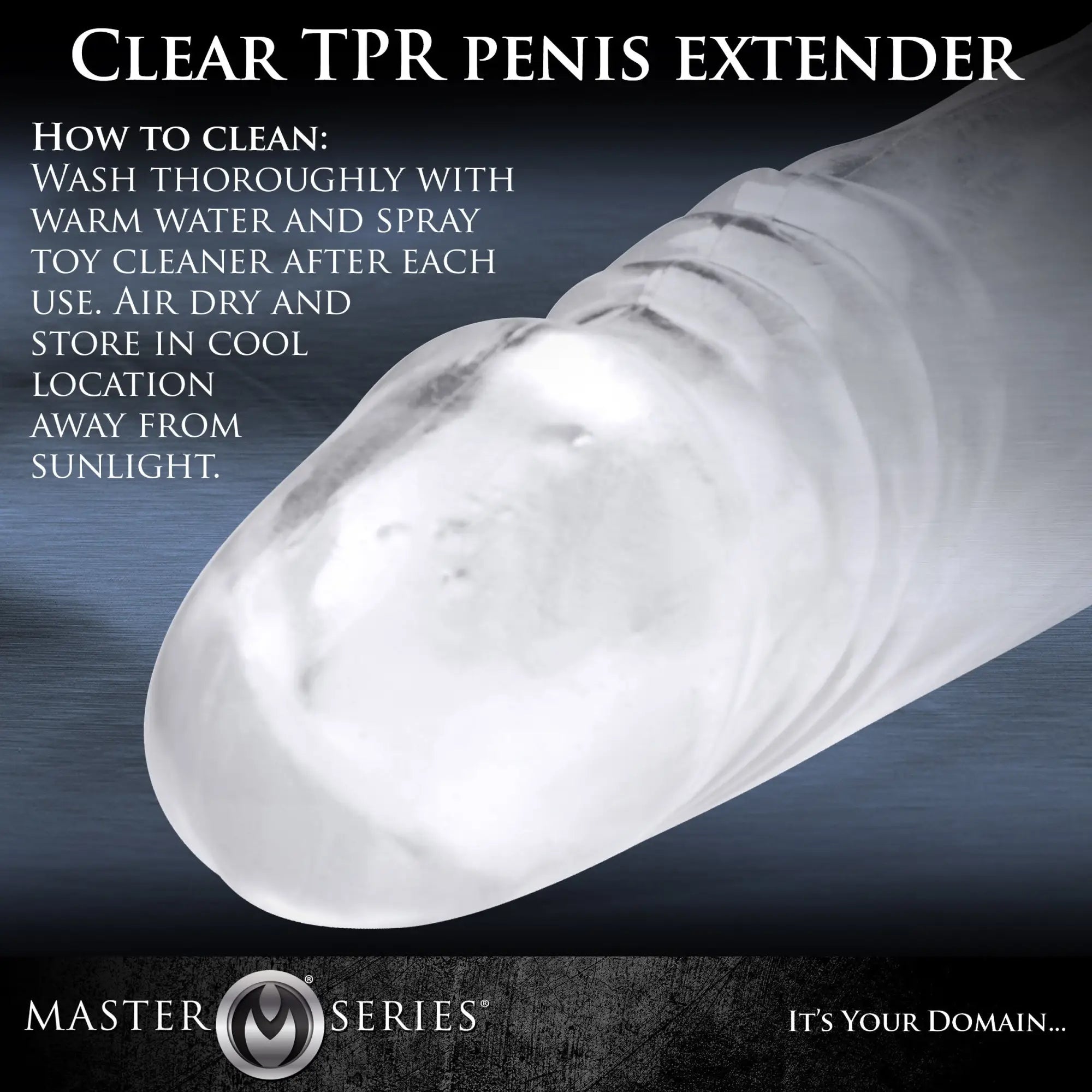 Master Series Grand Mamba XL jock style cock sheath in clear TPR, shown on a dark background with cleaning instructions.