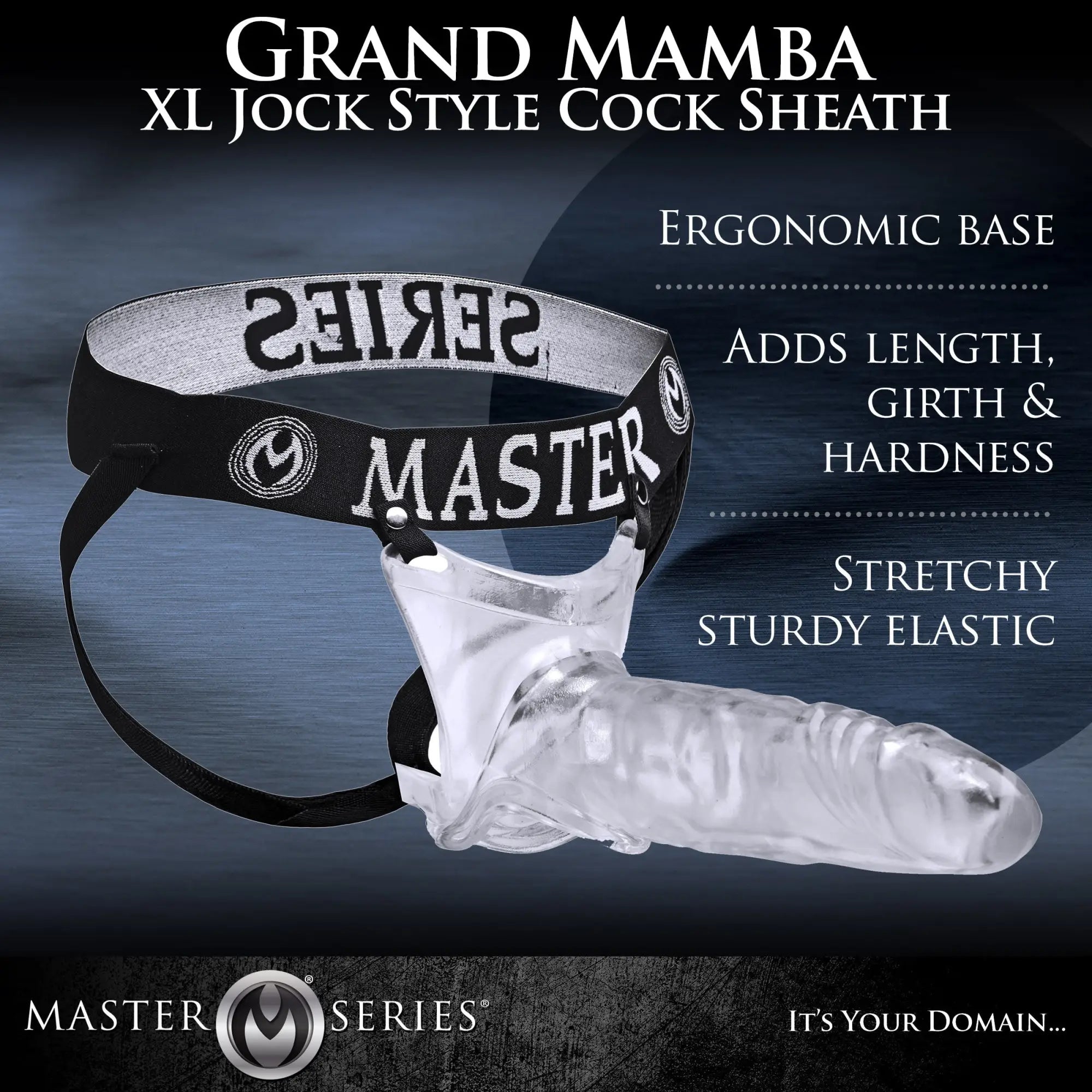 Master Series Grand Mamba XL jock style cock sheath with a clear textured sleeve and black elastic branding strap.