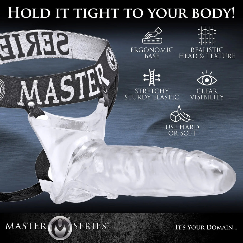 Master Series Grand Mamba XL jock-style clear silicone cock sheath attached to a black branded elastic harness.