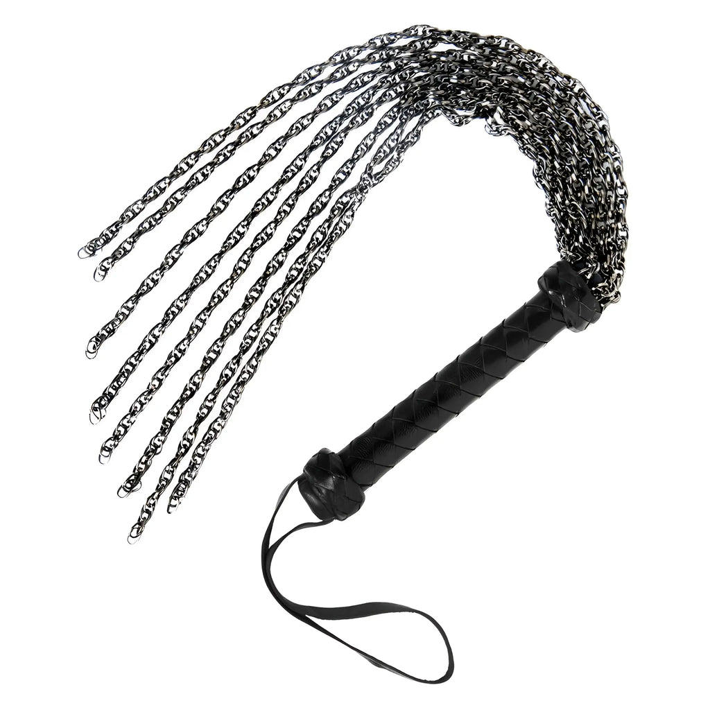 Master Series Gunmetal Chain Flogger with a black leather-wrapped handle and wrist loop on a white background.