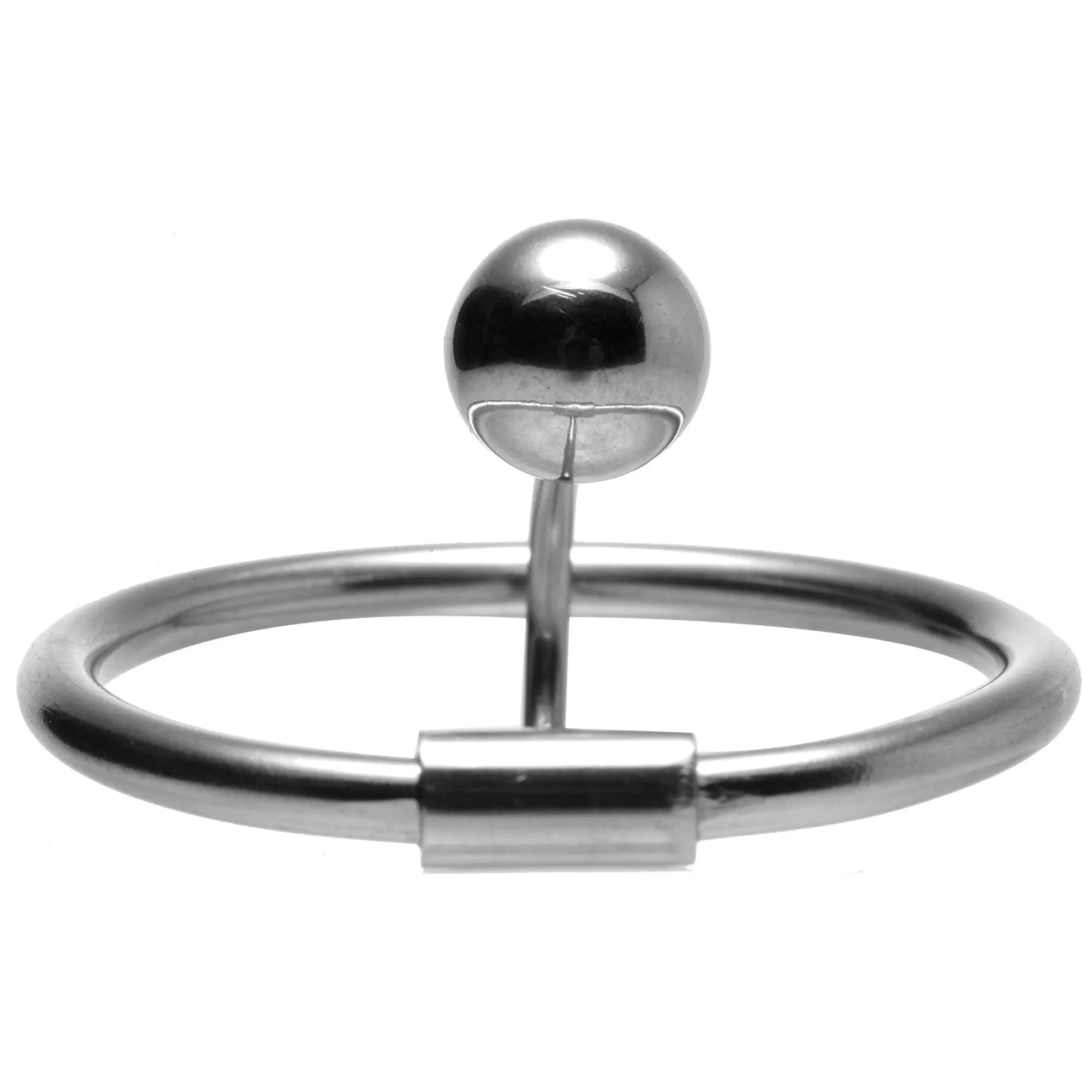 Master Series Halo Urethral Plug: A silver-colored metal ring with a small, smooth bead attached to a vertical stem.