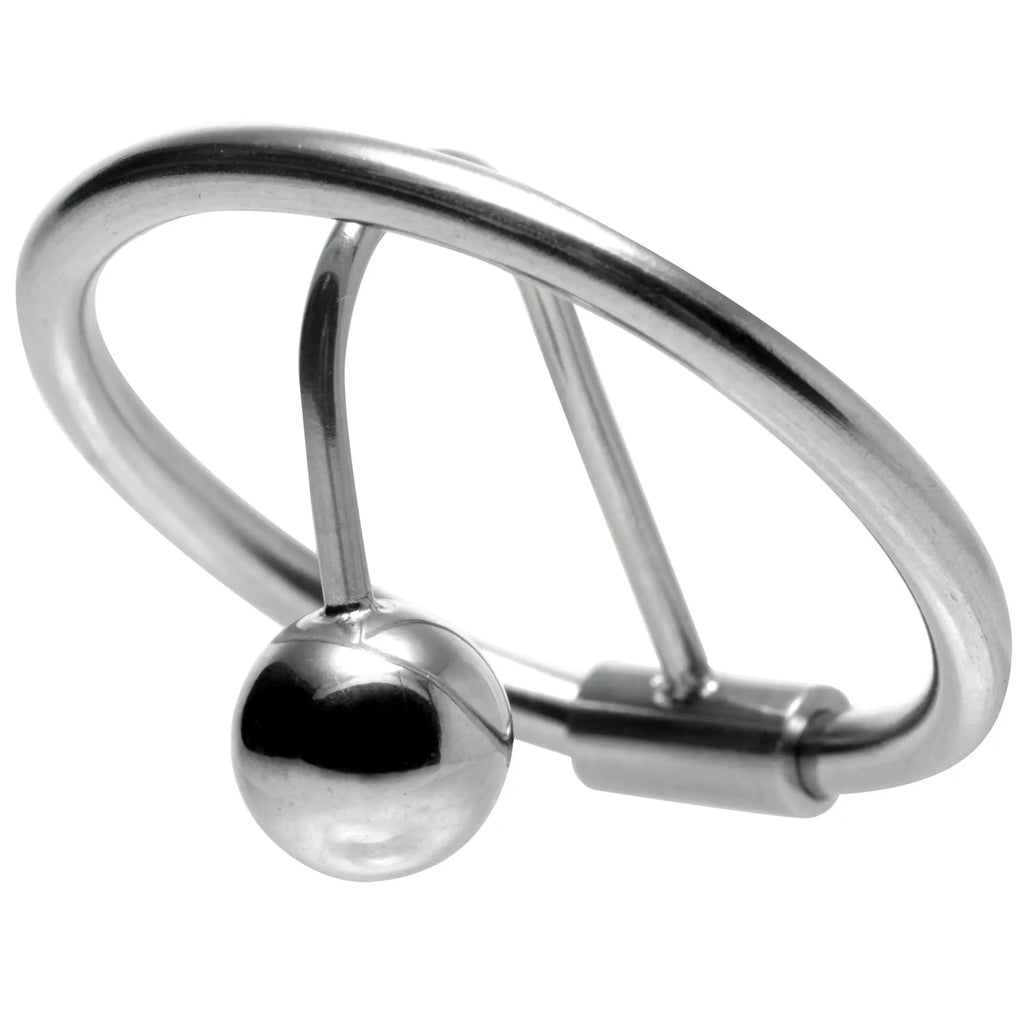 Master Series Halo Urethral Plug with glans ring, made of polished silver-toned stainless steel.