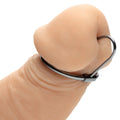 Master Series Halo Urethral Plug with a metallic silver glans ring inserted into a skin-toned phallic model.