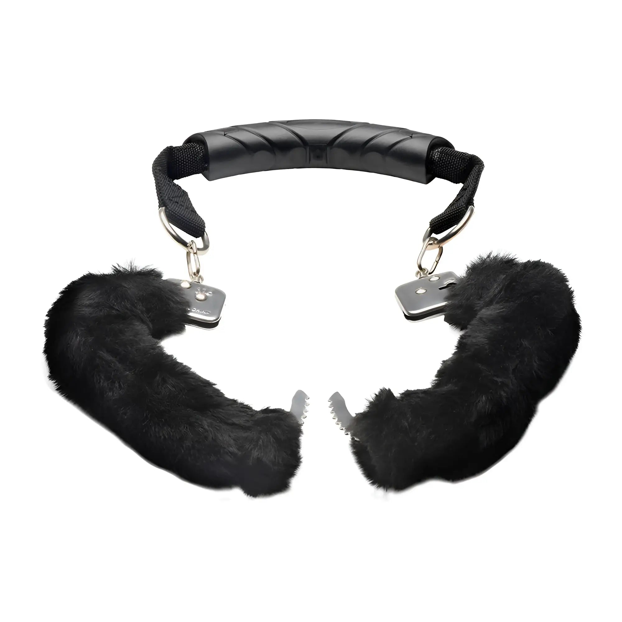 Master Series The Handler: Black furry handcuffs connected by a central ergonomic black plastic handle.