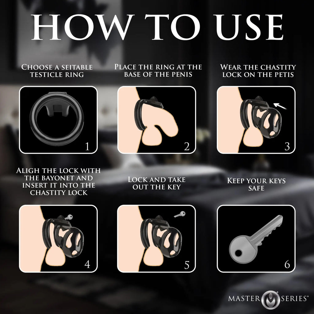 Master Series Hard Stop Chastity Cage: An infographic showing six steps for using the black, cage-style device.