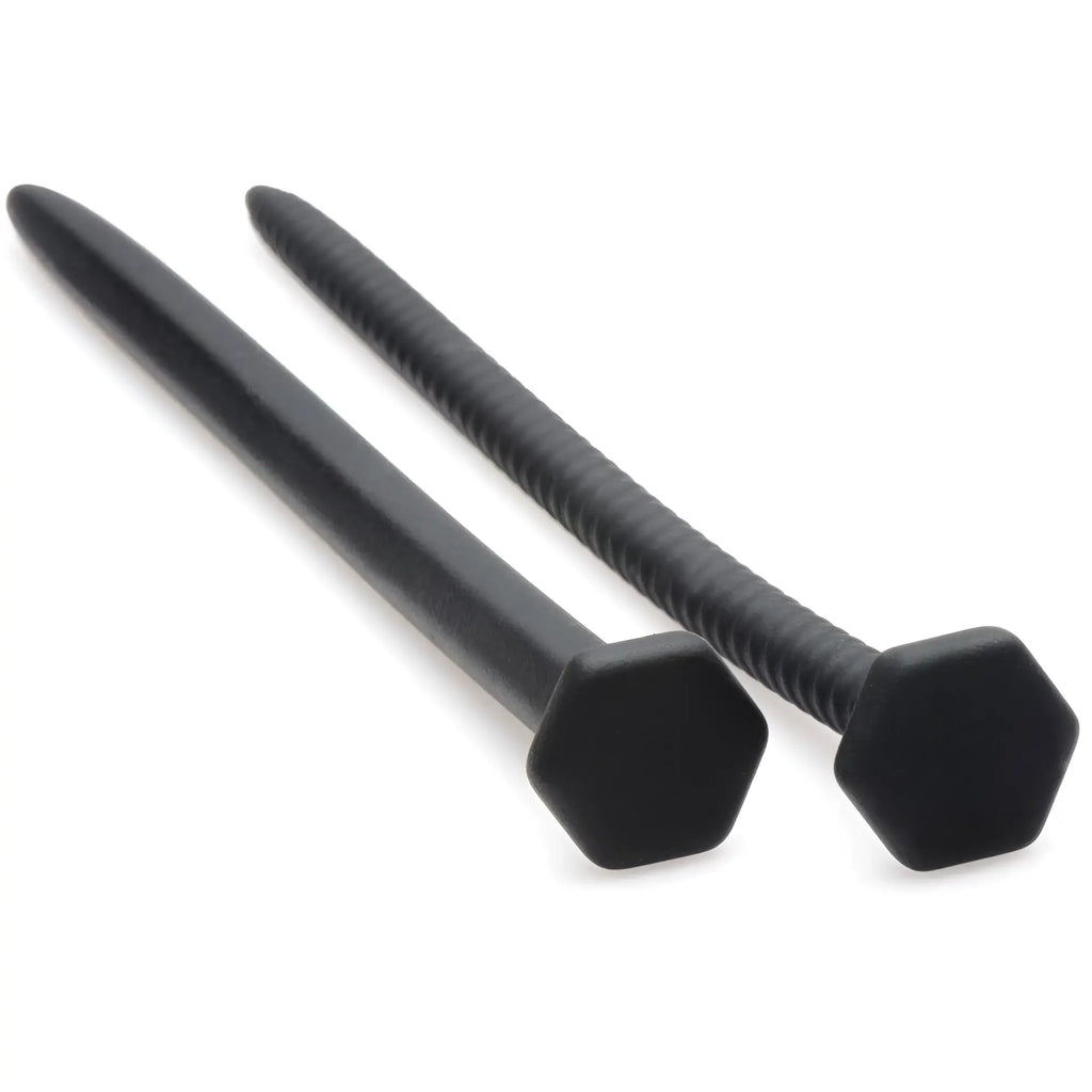 Master Series Hardware Silicone Nail and Screw set in matte black, featuring smooth and threaded rod designs.