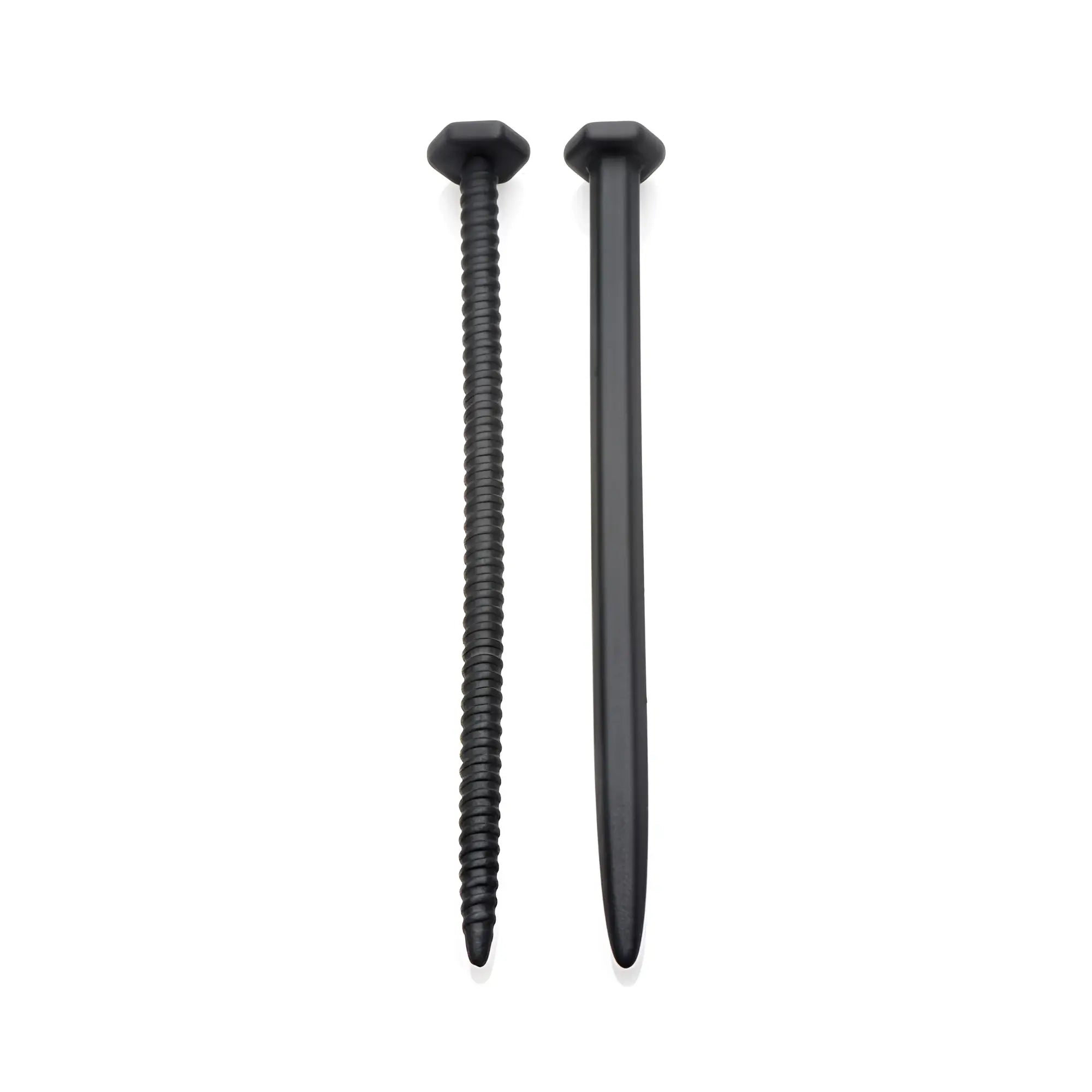 Master Series Hardware: matte black silicone screw and smooth nail-style sounds side-by-side on a white background.