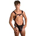 Model wearing a black and red Master Series Heathen's leather-style body harness with metallic ring accents.