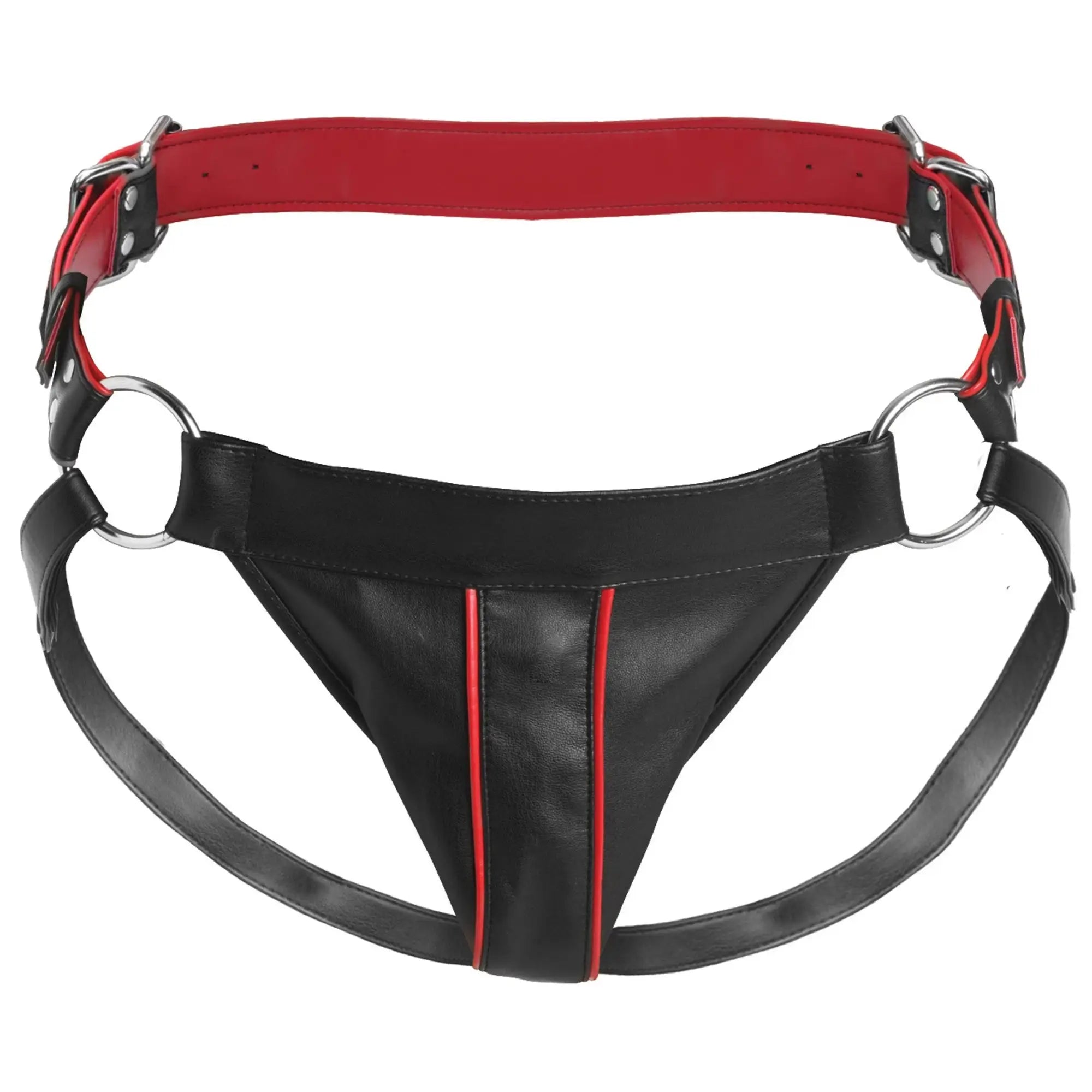 Master Series Heathen's Male Body Harness: black leather jockstrap style with red piping and silver metal ring hardware.