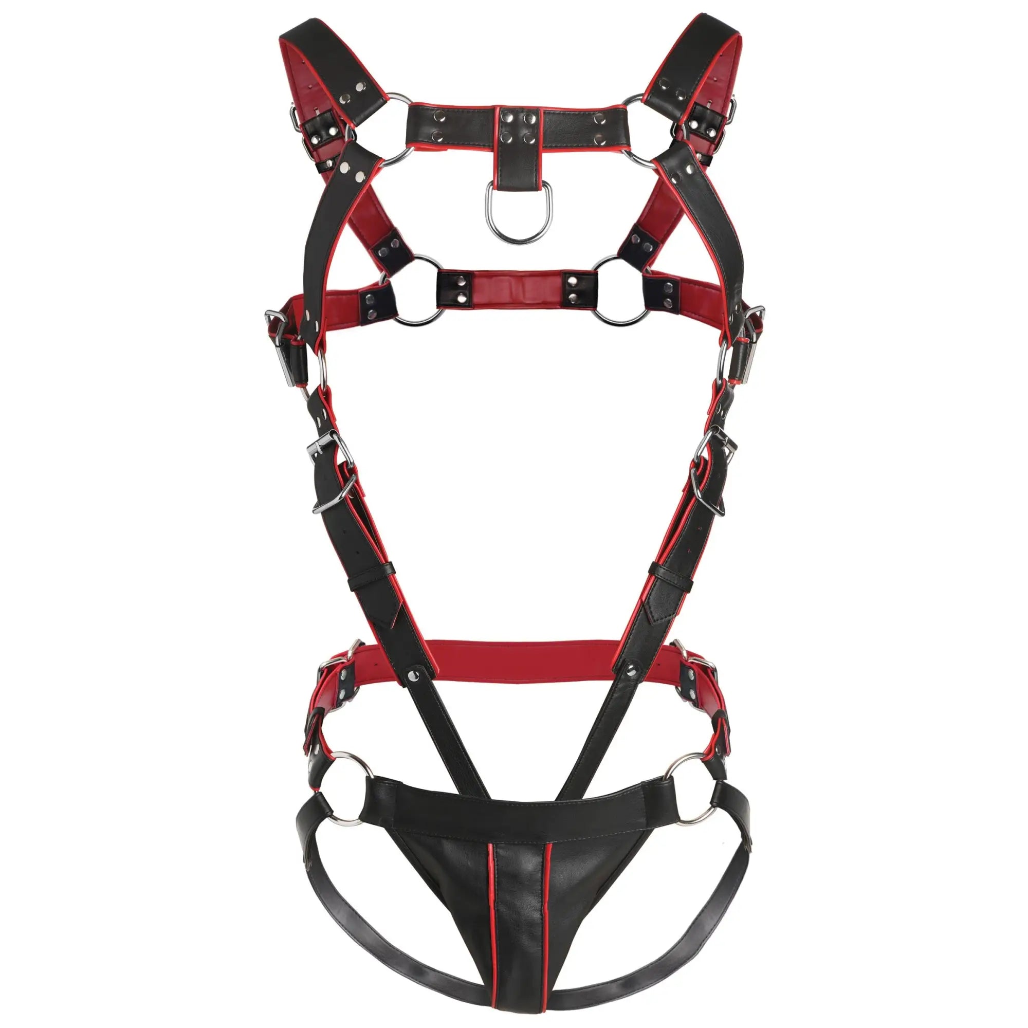 Master Series Heathen's black and red leather body harness with metal O-rings, buckles, and studs on a white background.