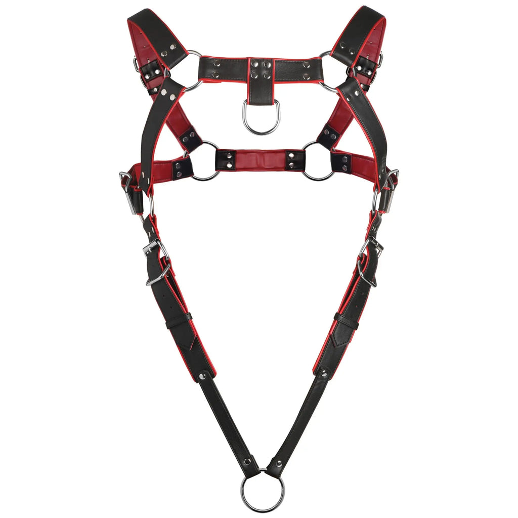 Master Series Heathen's black and red faux leather male body harness with silver metal O-rings, buckles, and rivets.