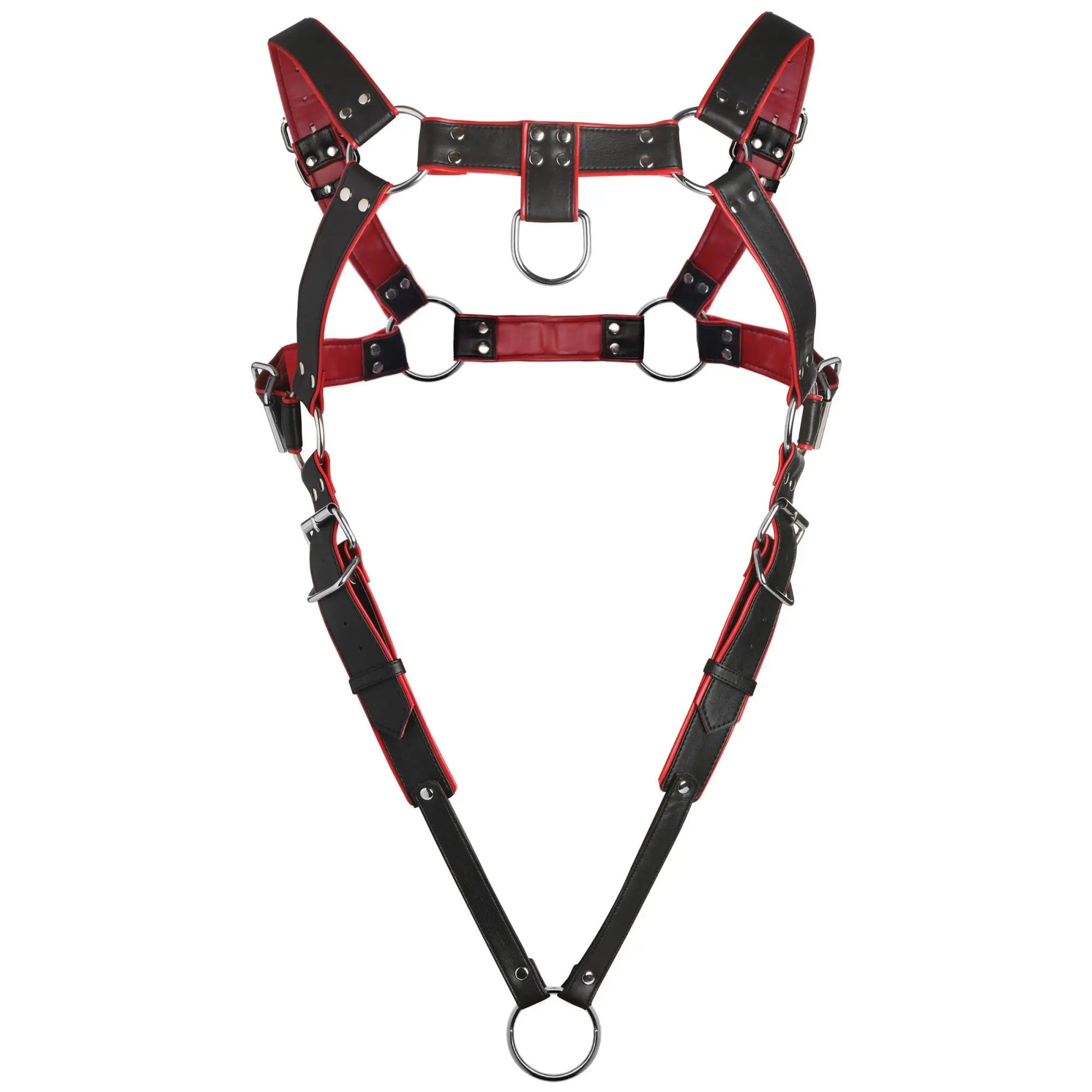 Master Series Heathen's black and red faux leather male body harness with silver metal O-rings, buckles, and rivets.