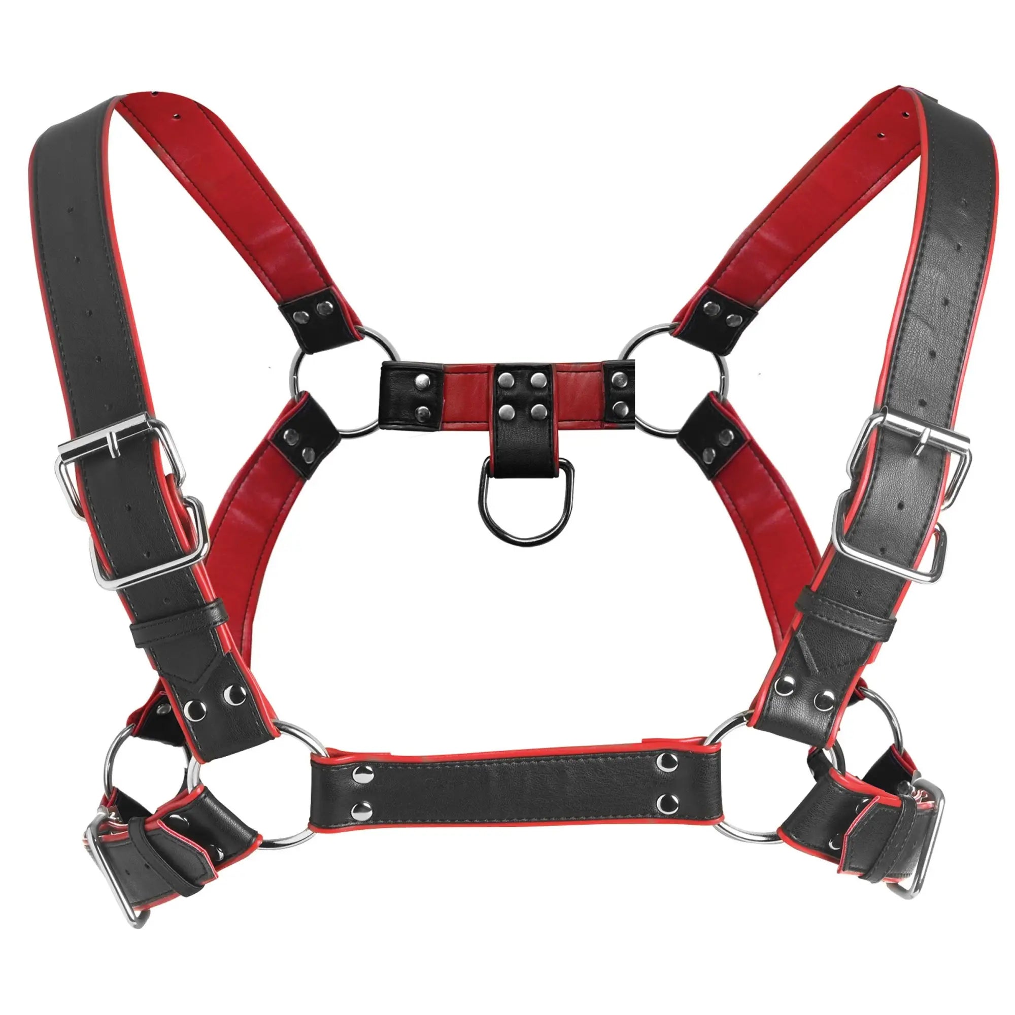 Master Series Heathen's black and red leather male body harness with silver-tone metal rings, buckles, and studs.
