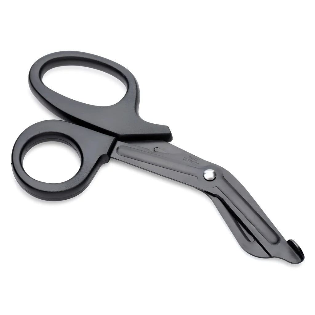 Master Series heavy-duty black stainless steel bondage scissors with a signature angled, blunt-tip safety design.