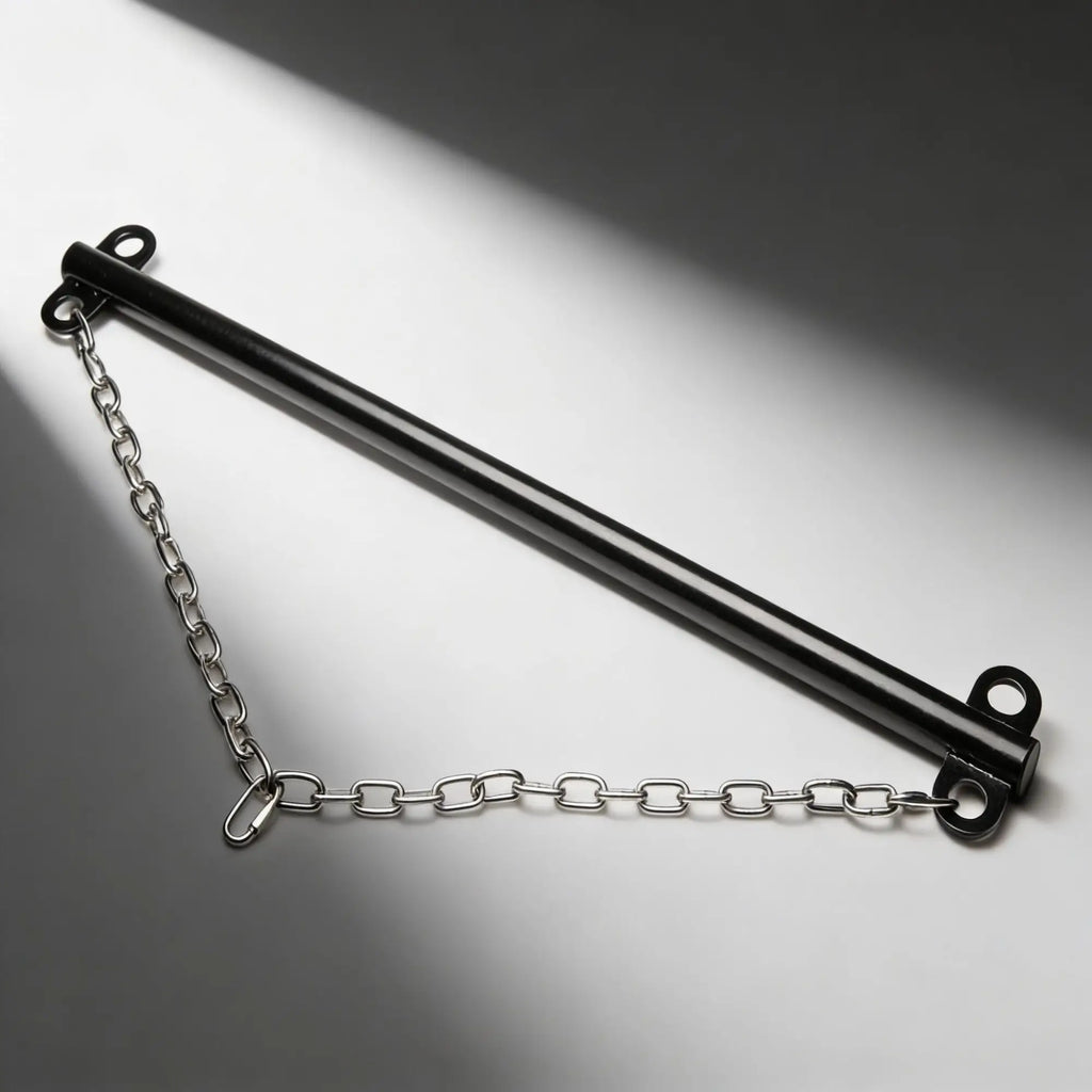 Master Series heavy-duty steel bar with a black finish and attached silver-colored metal suspension chain.
