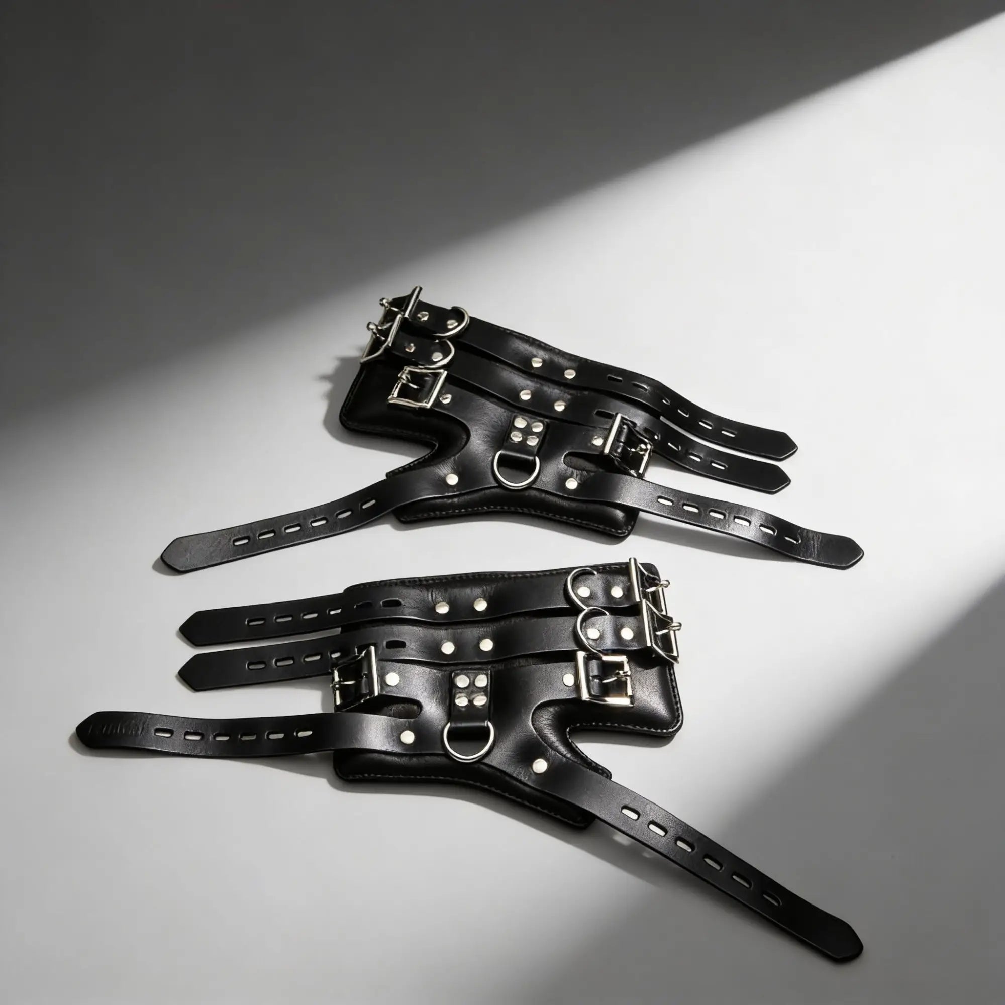Master Series Heavy-Duty Steel Bar Suspension Kit: two black leather cuffs with silver buckles, D-rings, and rivets.