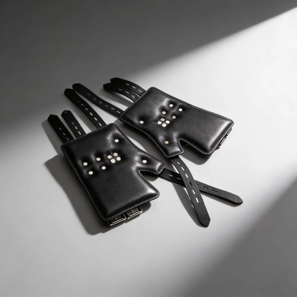 Master Series Heavy-Duty Steel Bar Suspension Kit: Two black leather, fingerless hand cuffs with silver-tone accents.