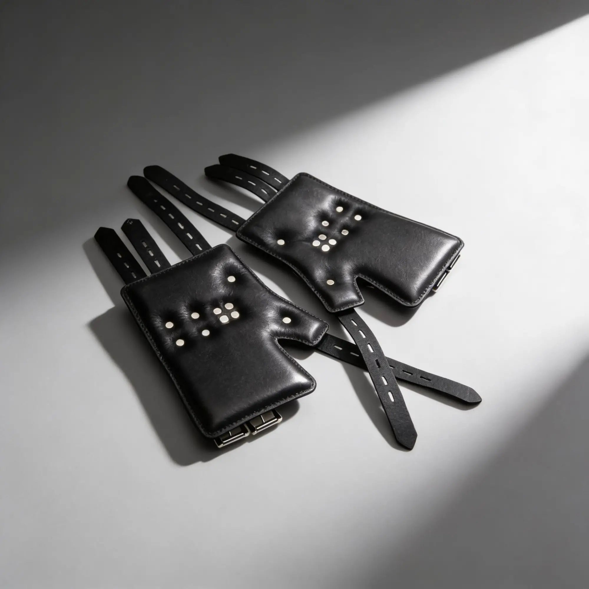 Master Series Heavy-Duty Steel Bar Suspension Kit: Two black leather, fingerless hand cuffs with silver-tone accents.