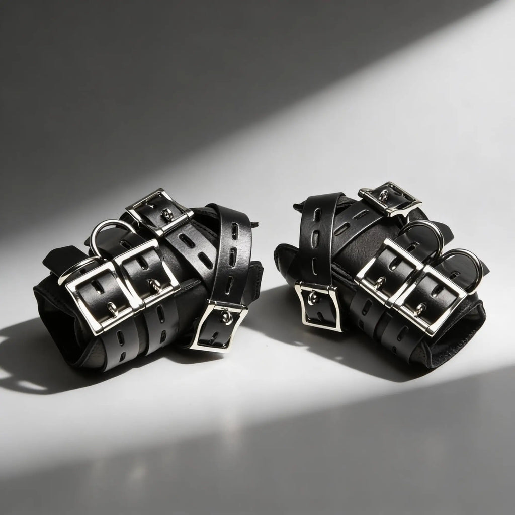 Master Series Heavy-Duty Steel Bar Suspension Kit: pair of black leather restraints with chrome buckles and D-rings.
