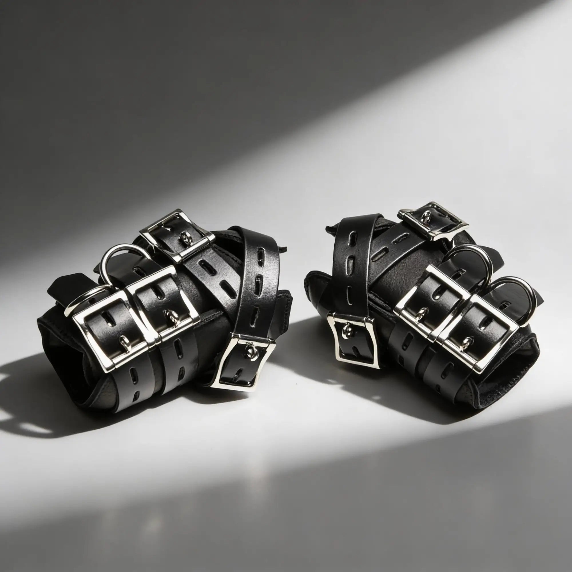 Master Series Heavy-Duty Steel Bar Suspension Kit: pair of black leather restraints with chrome buckles and D-rings.