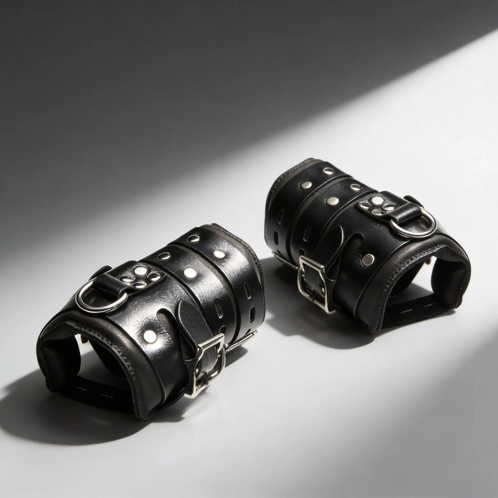 Master Series Heavy-Duty Steel Bar Suspension Kit: Two black leather cuffs with silver buckles, studs, and D-rings.