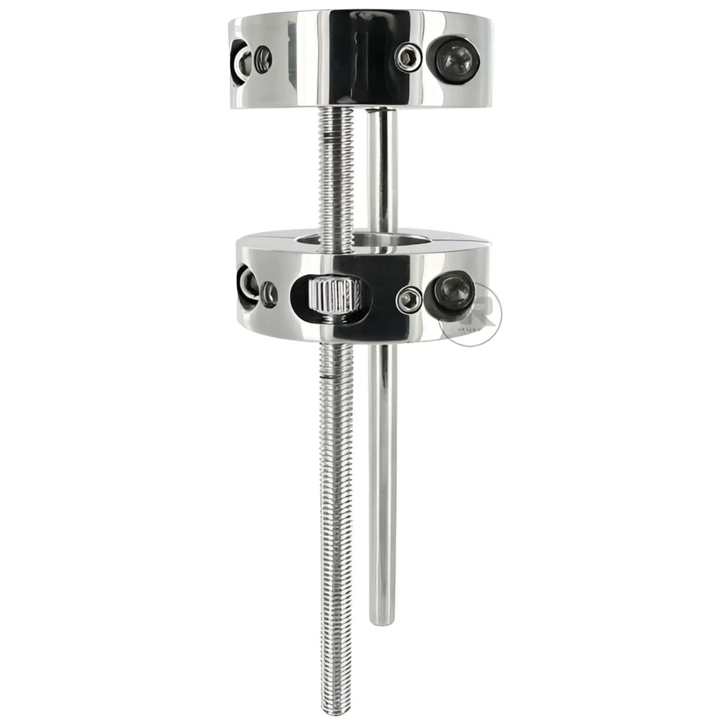 Master Series Hells Bridge silver chrome metal ball stretcher with two adjustable rings connected by threaded rods.