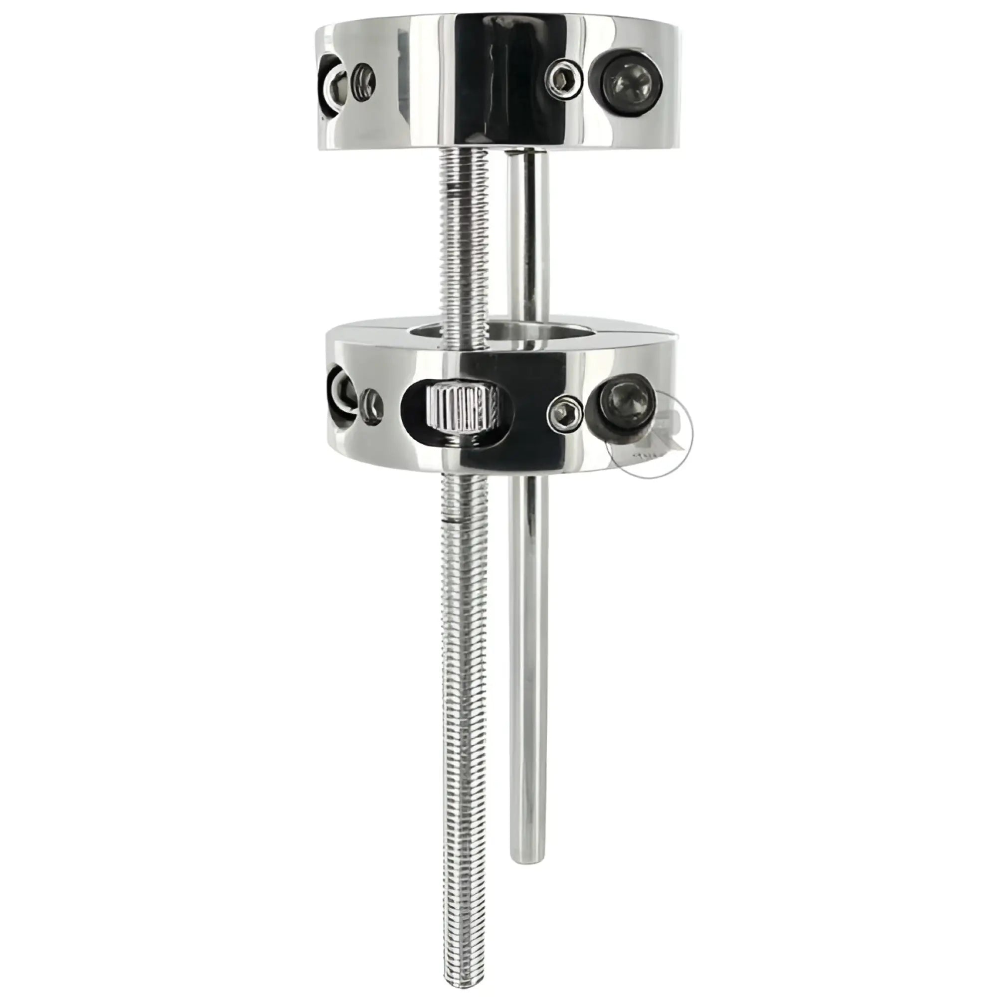 Master Series Hells Bridge silver chrome metal ball stretcher with two adjustable rings connected by threaded rods.
