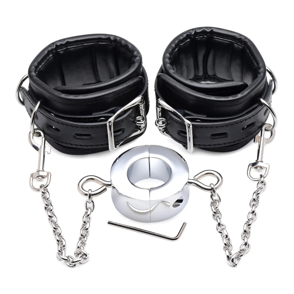 Master Series Hells Tether Ball Stretcher Humbler set with black leather cuffs, chrome weight, chains, and hex key.