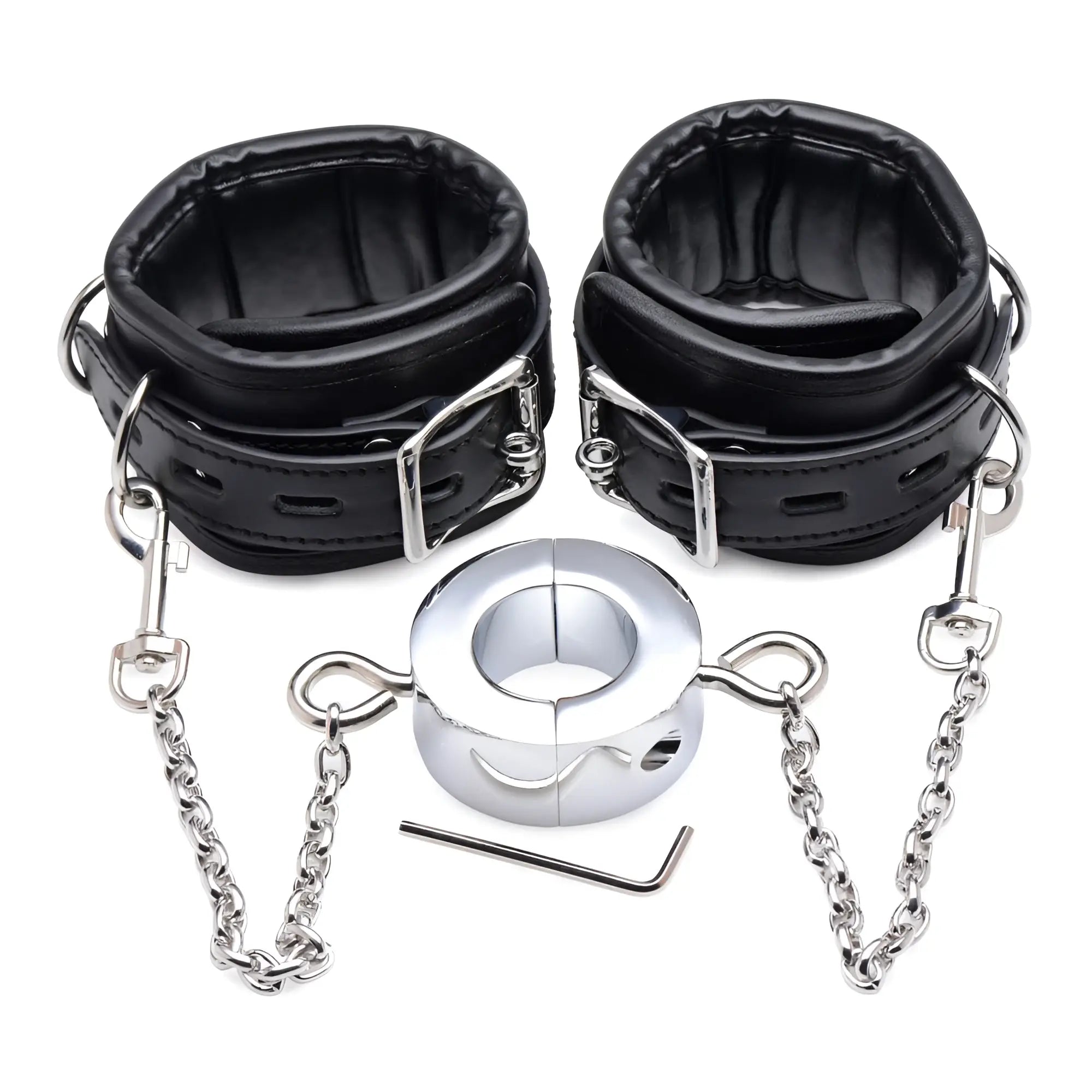 Master Series Hells Tether Ball Stretcher Humbler set with black leather cuffs, chrome weight, chains, and hex key.