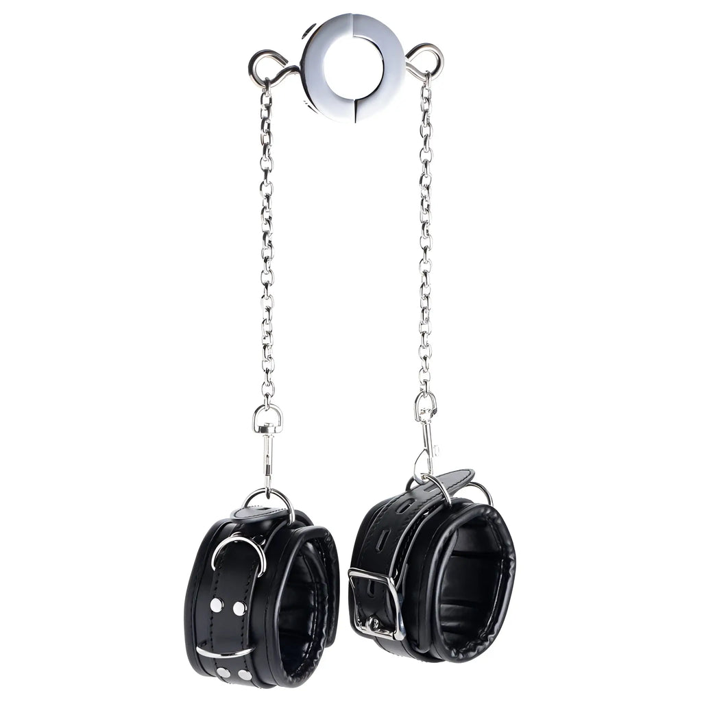 Master Series Hells Tether: Chrome ring connected by chains to two adjustable black faux-leather lined cuffs.