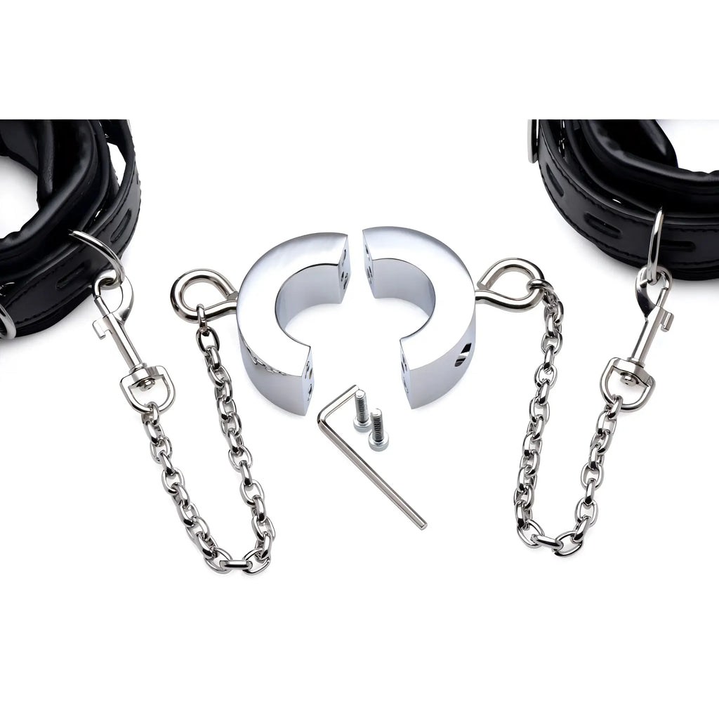 Master Series Hells Tether ball stretcher: silver metal rings with two black leather cuffs, chains, screws, and hex key.
