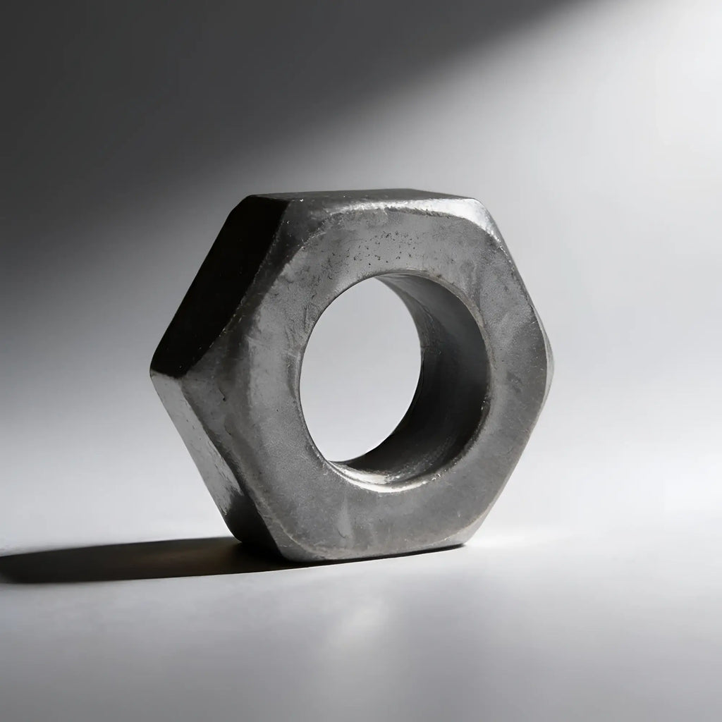 Master Series Hex Nut cock ring, a metallic, hexagonal-shaped piece with a smooth, industrial design on a grey background.